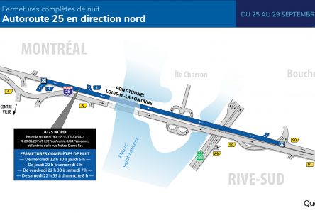 Autoroute 25 en direction nord entre Longueuil et Montréal Fermetures complètes de nuit à venir cette semaine