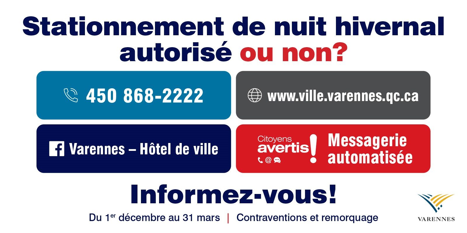 Stationnement de nuit en saison hivernale à Varennes: les citoyens doivent s’informer à partir du 1er décembre