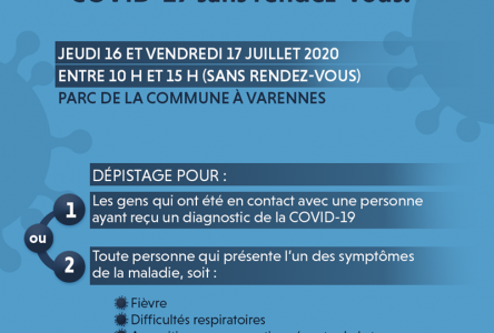 Clinique de dépistage à Varennes: horaire modifié en raison de la pluie