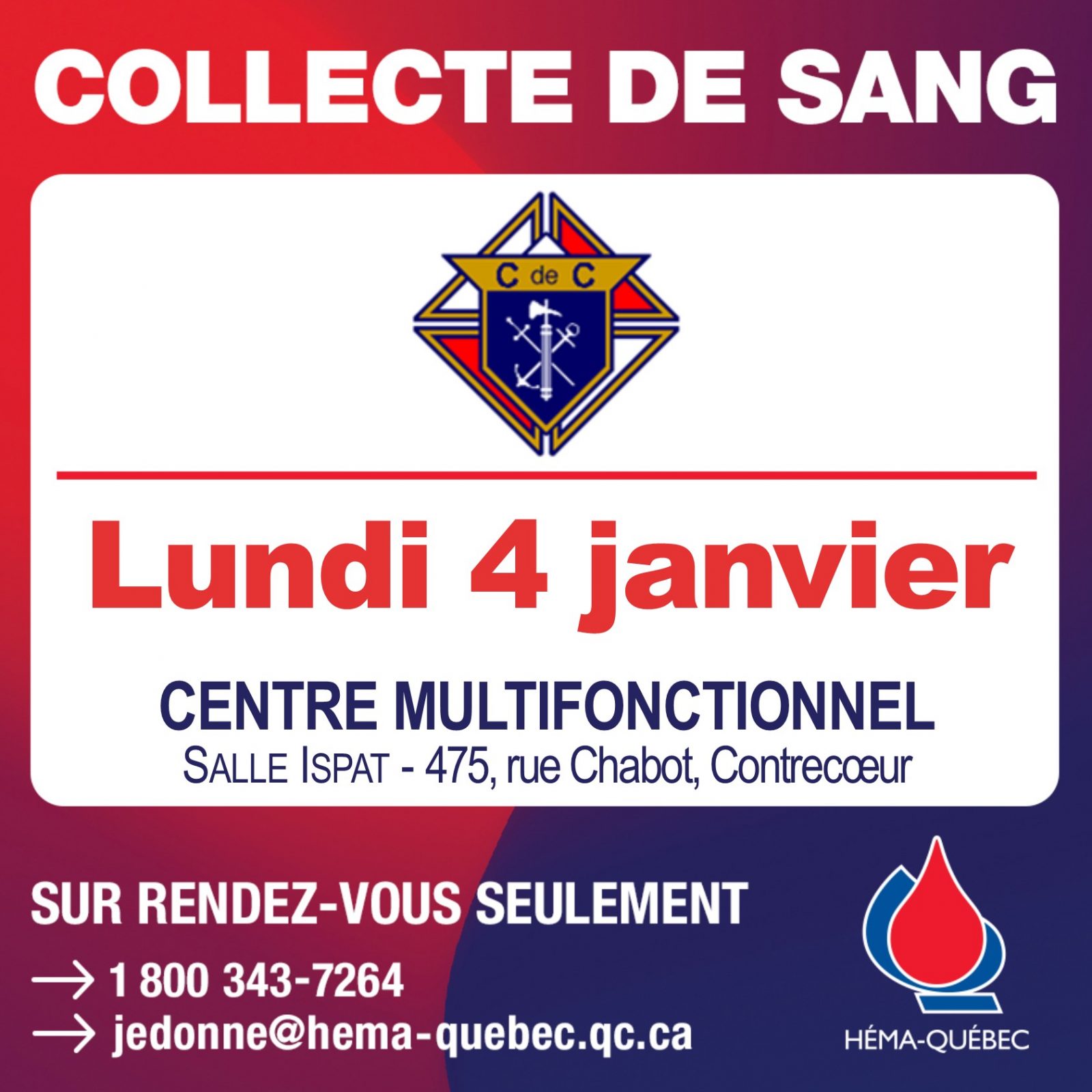 Collecte de sang le 4 janvier à Contrecœur