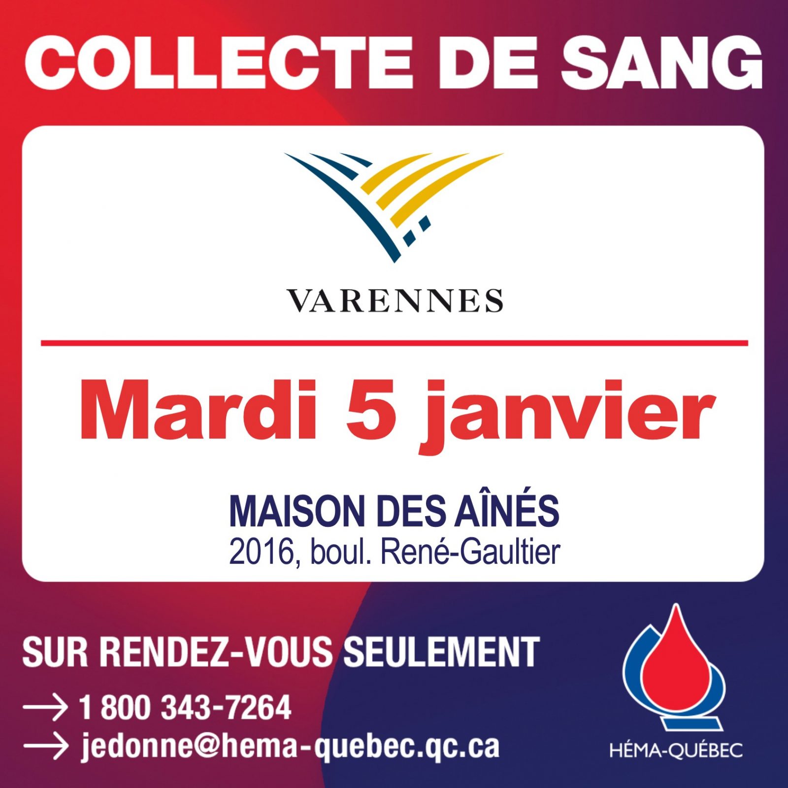 Collecte de sang le 5 janvier à Varennes