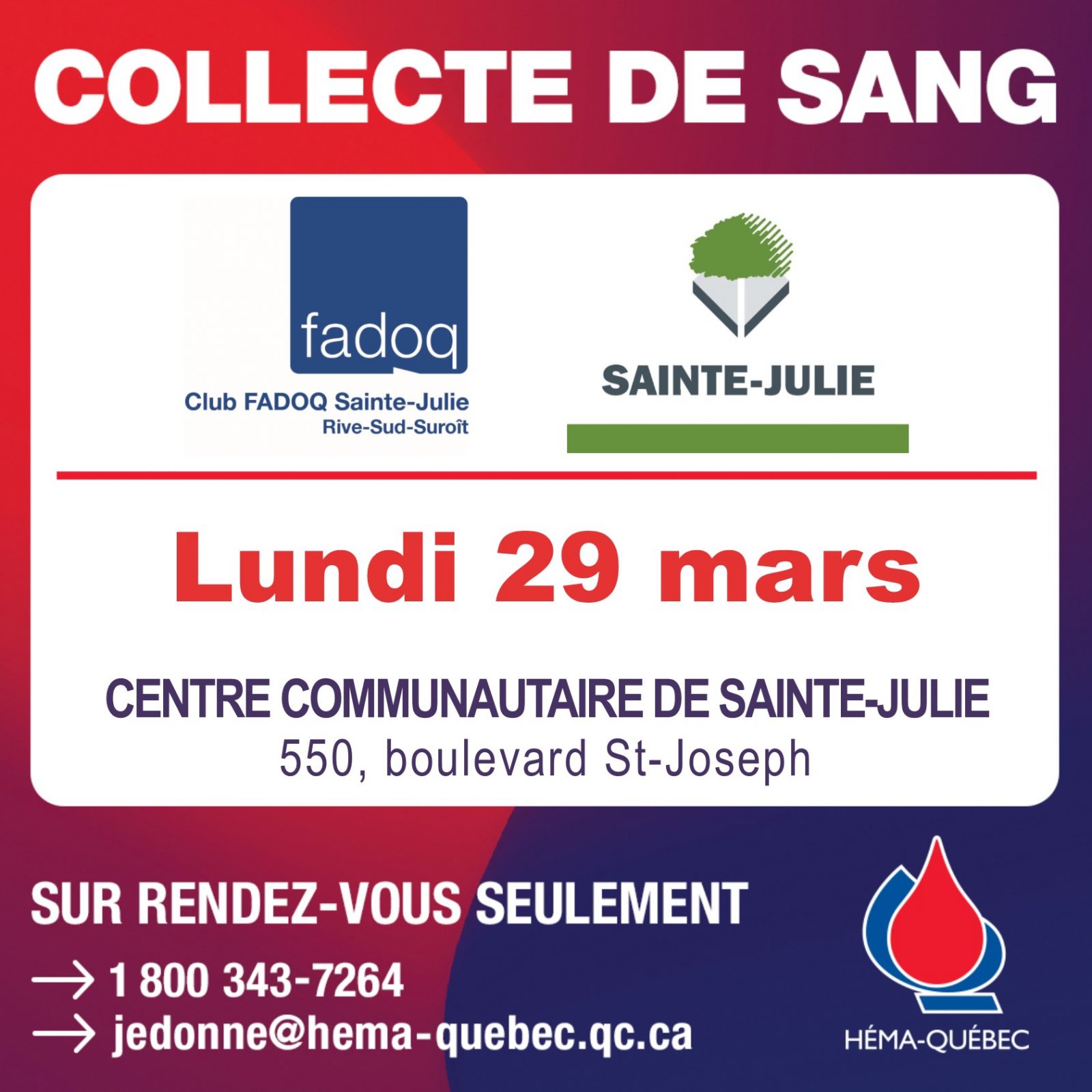 Collecte de sang de la FADOQ à Sainte-Julie: « Ce printemps, je donne du sang »