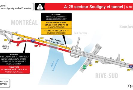 Fermeture du tunnel et de l’autoroute 25 en direction de la Rive-Sud – Fin de semaine du 6 au 9 août