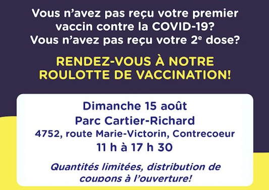 Vaccination à Contrecœur le 15 août de 11 h à 17 h 30 au parc Cartier-Richard