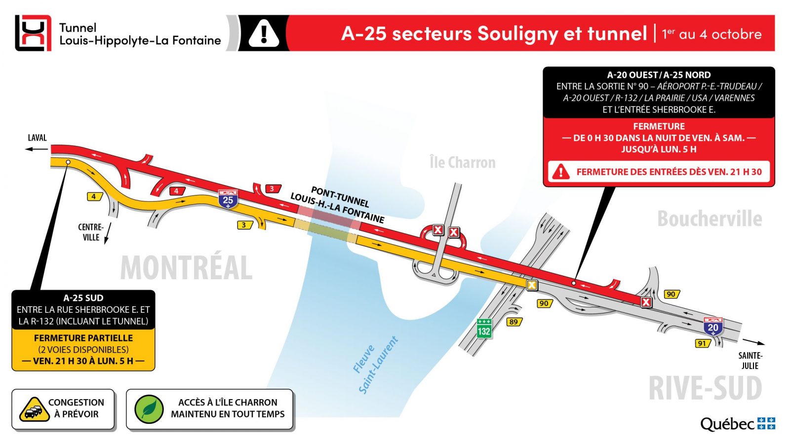 Travaux tunnel: fermeture du tunnel et de l’A-25 vers Montréal fin de semaine du 1er octobre