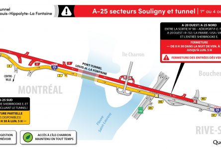 Travaux tunnel: fermeture du tunnel et de l’A-25 vers Montréal fin de semaine du 1er octobre