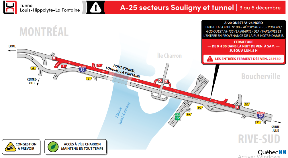 Fermeture complète du tunnel Louis-Hippolyte-La Fontaine du 3 au 6 décembre