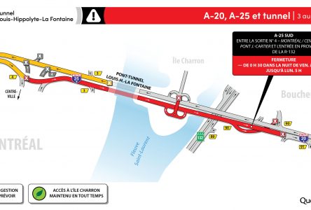 Mise à jour : annulation : Le tunnel Louis-Hippolyte-La Fontaine sera fermé en direction de la Rive-Sud, du 3 au 6 juin