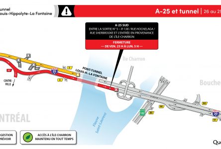 Tunnel Louis-Hippolyte – Fermeture complète de l’autoroute 25 en direction de la Rive-Sud du 26 au 29 août