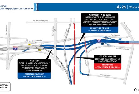 Tunnel L-H Lafontaine: fermeture complète de l’A 25 dans les deux directions durant la nuit du 26 au 27 mai